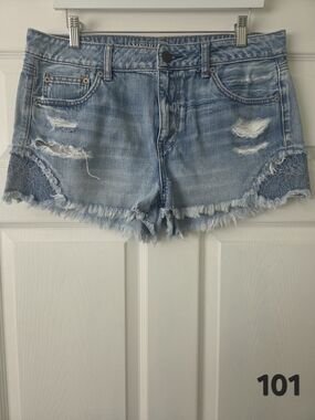 American Eagle Light Blue Distressed Denim Shorts with Lace Trim